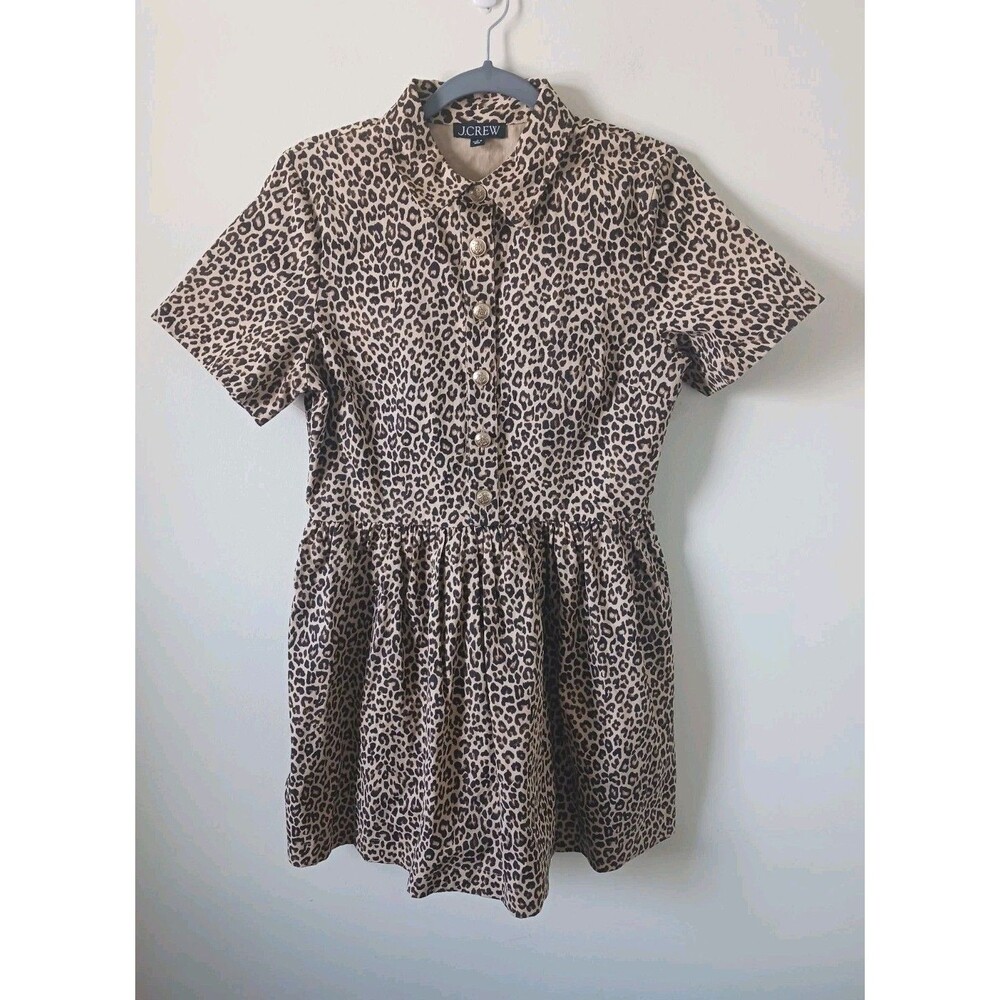 J.Crew Leopard Print Brown Mini Shirt Dress Gold Button Size‎ 8